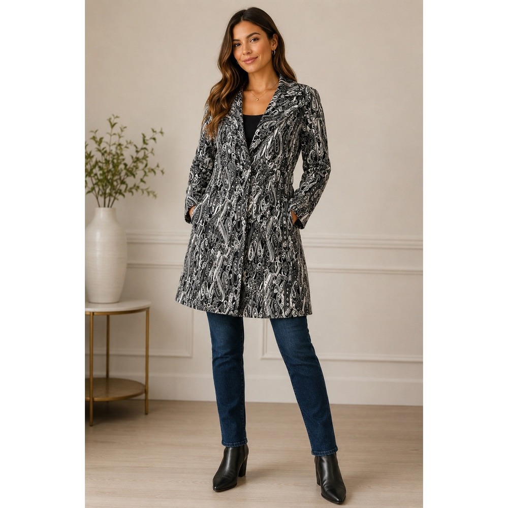Bisou Bisou Paisley Coat S Black White Single Breast Boho Chic Y2K Mono Jacket